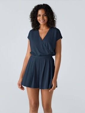 Halara V Neck Short Sleeve Pocket Waffle Casual Romper | Charm Ink Blue